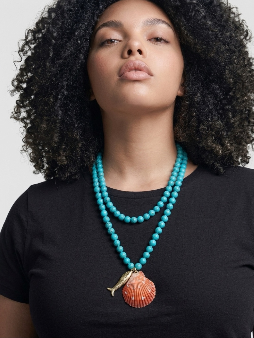 Turquoise Beaded Double-Strand Necklace with Orange reddish Shell Pendant